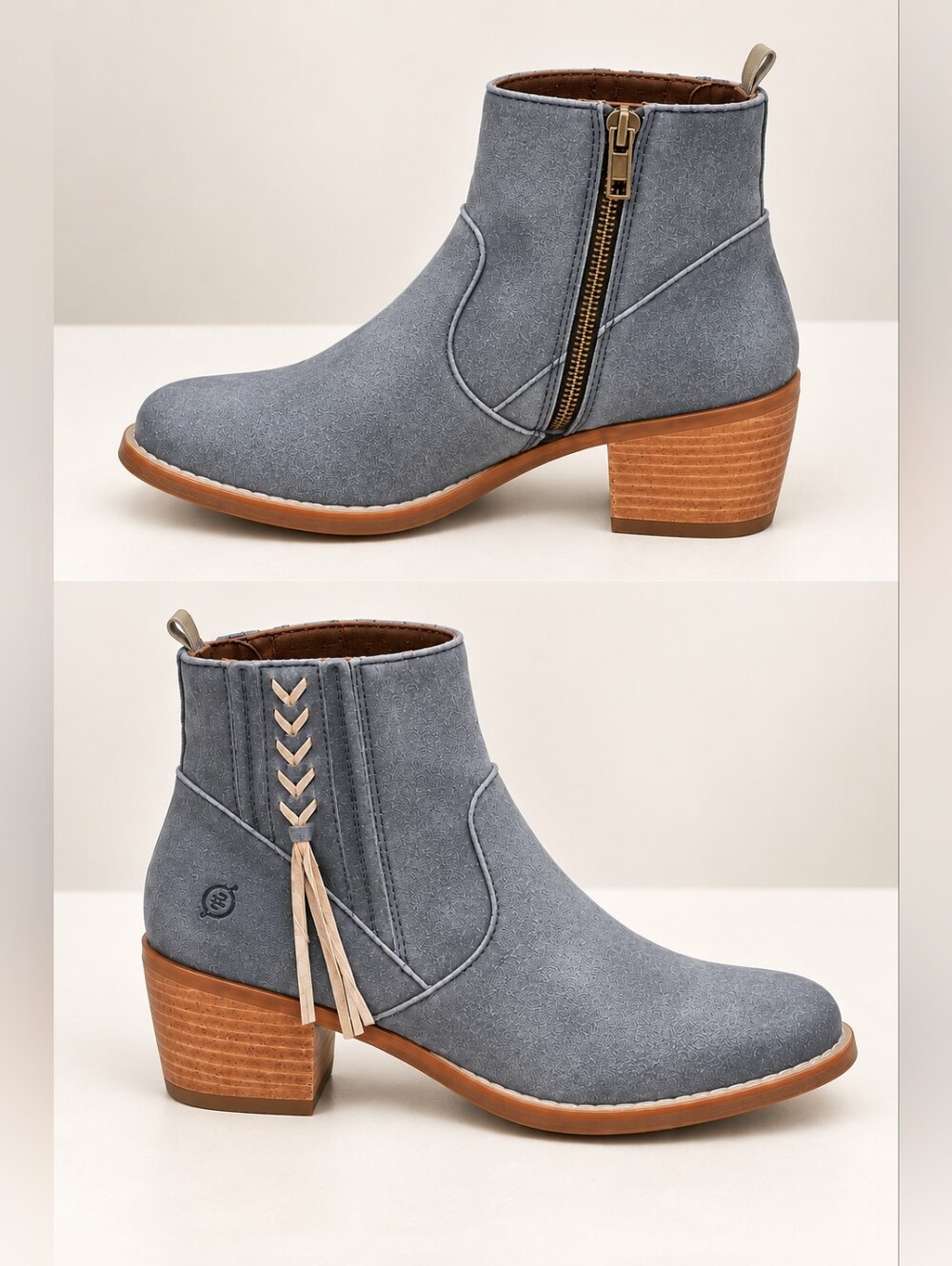 BORN the Rowan Distressed Suede Tassel Detail Ankle Booties Navy Side Zip Size 9